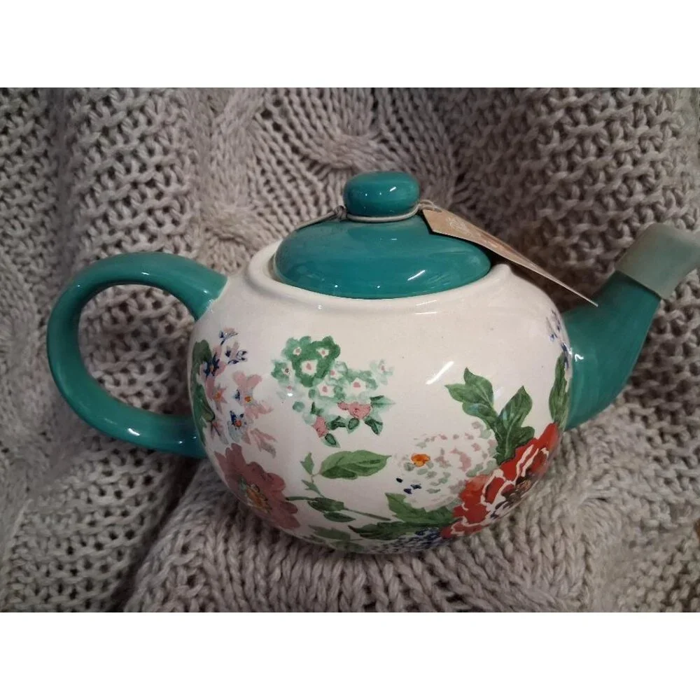 The Pioneer Woman Floral Ceramic Teapot W/Turquoise Lid & Handle 5 Cup Capacity
